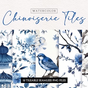 Aquarel Chinoiserie, blauw en wit Oosters, naadloze achtergronden, aquareltegels, tegelbaar, naadloos
