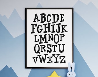 Black & White Alphabet Poster Cute Printable Art Kids illustration for Childrens Room Classroom Home Decor Wall Art Teacher Digital Download