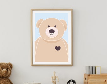 Cute Brown Bear Animal Poster Printable Art Kids illustration for Childrens Room Nursery Home Decor Classroom Blue Wall Art Digital Download