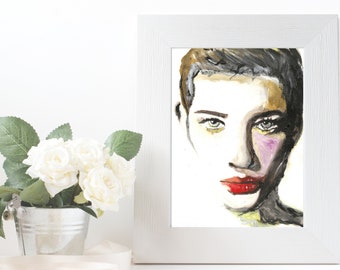 Minimalist Art Print, Pure Woman Portrait Painting, Downloadable Watercolor Poster, Daughter Gift, Bedroom Wall Decor, Gift For Girlfriend