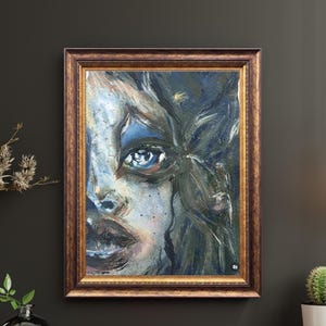 Abstract Emotional Face Painting: Blue Acrylic & Watercolor A5 Art