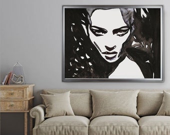 Black White Kate Moss Poster, Printable Drawing, Original Print, Watercolor Print, Downloadable Art, Birthday Gift, Living Room Wall Art