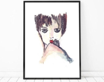 Woman Portrait Poster, Digital Print, Living Room Decor, Charcoal Drawing, Watercolor Print, Girls Room Decor, Bestfriend Gift, Printable