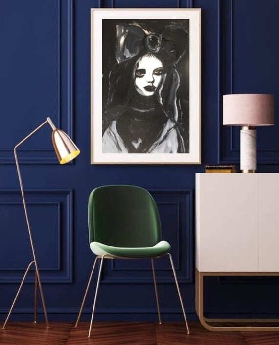Creepy Cute Woman Portrait Bedroom Decor Goth Decor Poster Black White Print Gothic Home Decor Original Watercolor Painting Dark Art