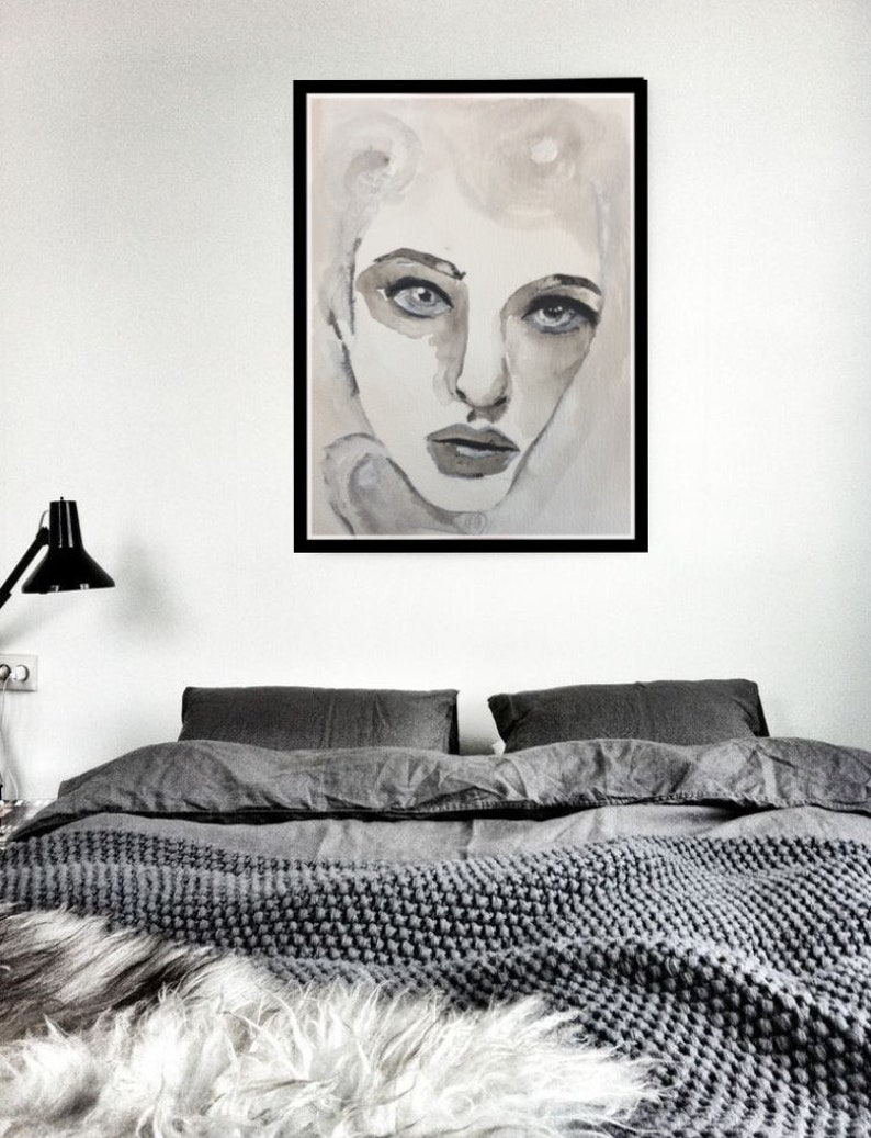 Watercolor Woman Portrait Gray White Wall Art Digital Print Etsy
