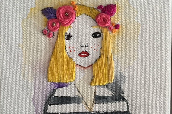 Hand Embroidery Art, Floral Needlepoint, Portrait Embroidery, Mixed Media  Canvas, Portrait Oil Painting, Canvas Embroidery - Etsy