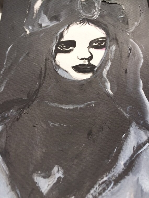 Creepy Cute Woman Portrait Bedroom Decor Goth Decor Poster Black White Print Gothic Home Decor Original Watercolor Painting Dark Art