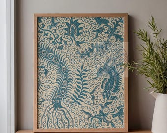 Seahorse Chinoiserie Batik Wall Art Print, Indigo Blue Marine Life Poster, Coastal Maximalist Beach House Decor, Nautical Digital Download