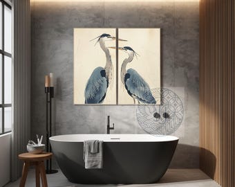 Set of 2 Japandi Heron Wall Art Prints, Wabi Sabi Crane Bird Poster, Vintage Asian Ink Wash Style Neutral Bathroom Decor Digital Download