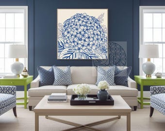 Modern Chinoiserie Hydrangea Batik Print, Blue and White Floral Poster, Grandmillennial Botanical Wall Art, Cottagecore Digital Download