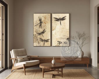 Wabi Sabi Dragonfly Print Set of 2, Tall Narrow Japandi Diptych Wall Art, Neutral Beige Insect Poster Digital Download