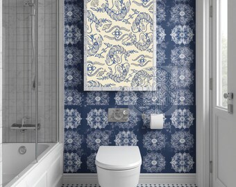 Blue and White Chinoiserie Lobster Wall Art Print, Maximalist Coastal Nautical Decor, Marine Sea Life Poster Printable Digital Download