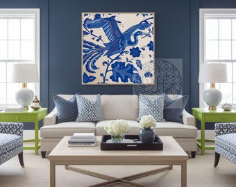 Chinoiserie Blue Heron Wall Art Print, Indigo Blue Batik Coastal Decor, Grandmillennial Maximalist Bird Poster Printable Download