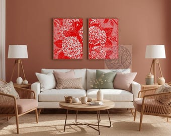 Grandmillennial Hydrangea Wall Art Print, Red and White Batik Floral Poster, Chinoiserie Botanical Decor, Maximalist Digital Download