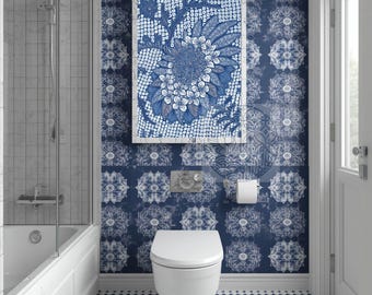 Chinoiserie Gringsing Batik Wall Art Print, Indigo Blue Floral Poster, Grandmillennial Maximalist Decor, Traditional Geometric Pattern Print