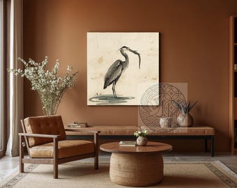Blue Heron with Unagi Wall Art Print, Wabi Sabi Japandi Eel Poster, Japanese Vintage Bird Decor, Minimalist Digital Download