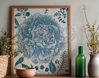 Grandmillennial Hydrangea Batik Print, Blue and White Chinoiserie Floral Poster, Vintage Botanical Art Printable Digital Download