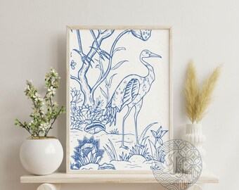 Blue Heron Triptych Wall Art Set, Chinoiserie Batik Bird Prints, Coastal Grandmillennial Decor, 3 Piece Digital Download
