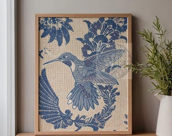 Chinoiserie Hummingbird Batik Wall Art Print, Blue Indigo Coastal Decor, Grandmillennial Maximalist Bird Poster Printable Digital Download
