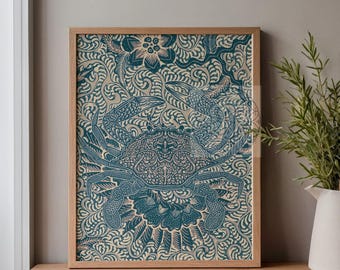 Crab Batik Wall Art Print, Indigo Blue Chinoiserie Poster, Coastal Hamptons Beach House Decor, Marine Life Digital Download
