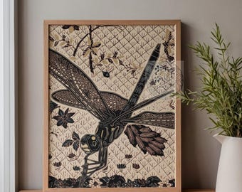 Dragonfly Batik Wall Art Print, Javanese Heritage Japandi Poster, Earthy Beige Wabi Sabi Decor, Mid Century Modern Digital Download