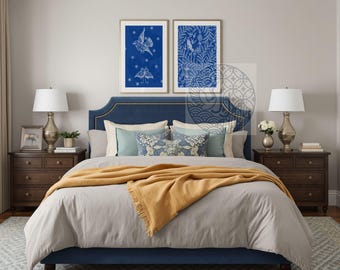 Chinoiserie Blue Hummingbird Batik Wall Art Print, Indigo Coastal Decor, Grandmillennial Botanical Bird Poster Digital Download
