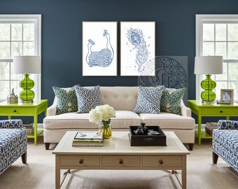 Chinoiserie Peacock Wall Art Print, Blue and White Batik Porcelain Poster, Grandmillennial Coastal Decor, Bird Digital Download