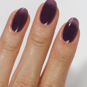 May include: Close-up of a hand with three fingernails painted with a dark purple gradient. The nails are oval-shaped and glossy, transitioning from a lighter shade at the base to a deeper purple at the tips. The skin tone is fair.