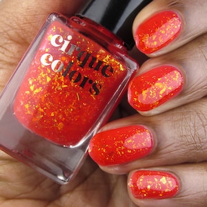 Fire Red Jelly Vegan Nail Polish, Iridescent Gold Glitter Flakes Nail Art - Tutti Frutti