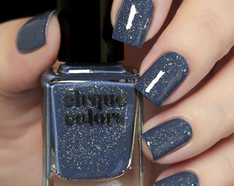 Dark Blue Vegan Nail Polish - Gold Metallic Flakie Glitter Speckled Nails - Majolica