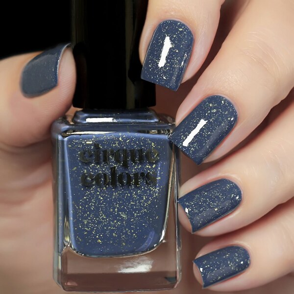 Dark Blue Vegan Nail Polish - Gold Metallic Flakie Glitter Speckled Nails - Majolica