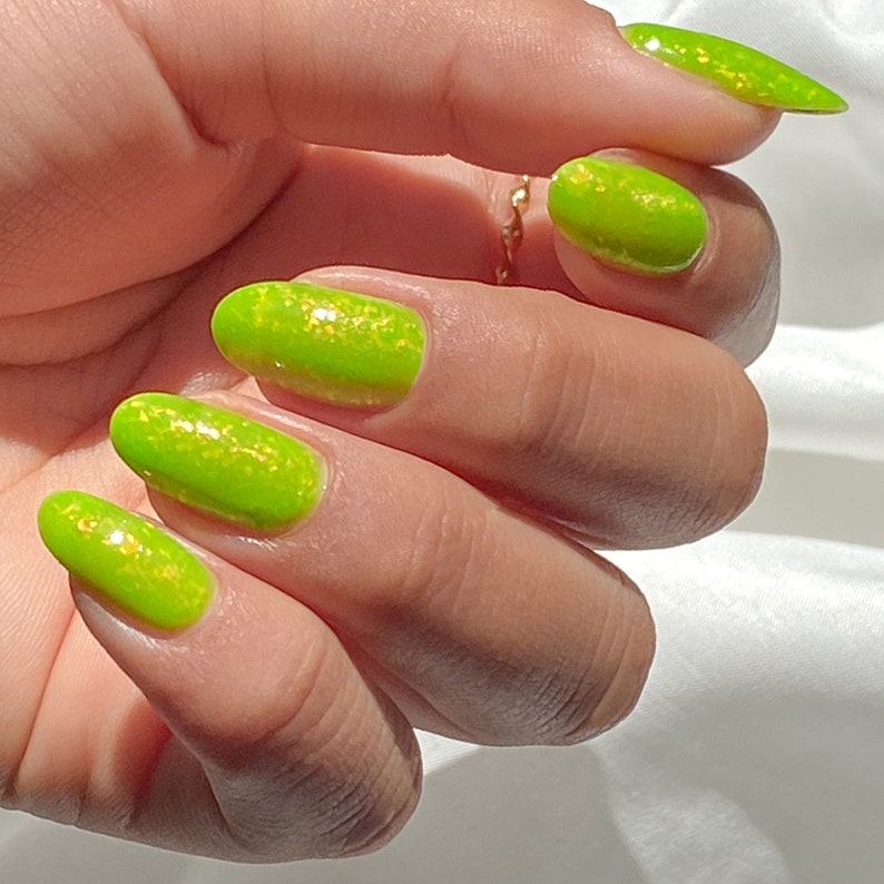 Bright Lime Green Jelly Vegan Nail Polish, Iridescent Green Flakie Nails Sour Punch image 2