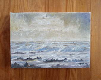 Stormy seascape oil painting, 15x20 cm