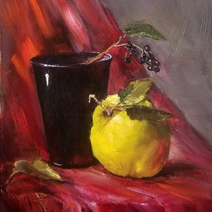 Quince and Berries Still Life: Original Oil Painting on Panel
