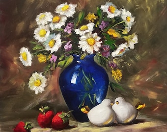 Daisies in Blue Vase, Original Oil Painting, Floral Still Life, 12x12