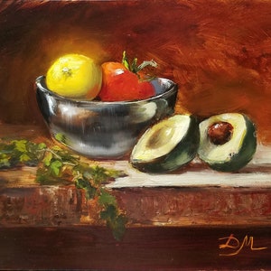 Lemon Avocado Tomato Original Oil painting Kitchen Food Art Handpainted artwork Realistic Still Life