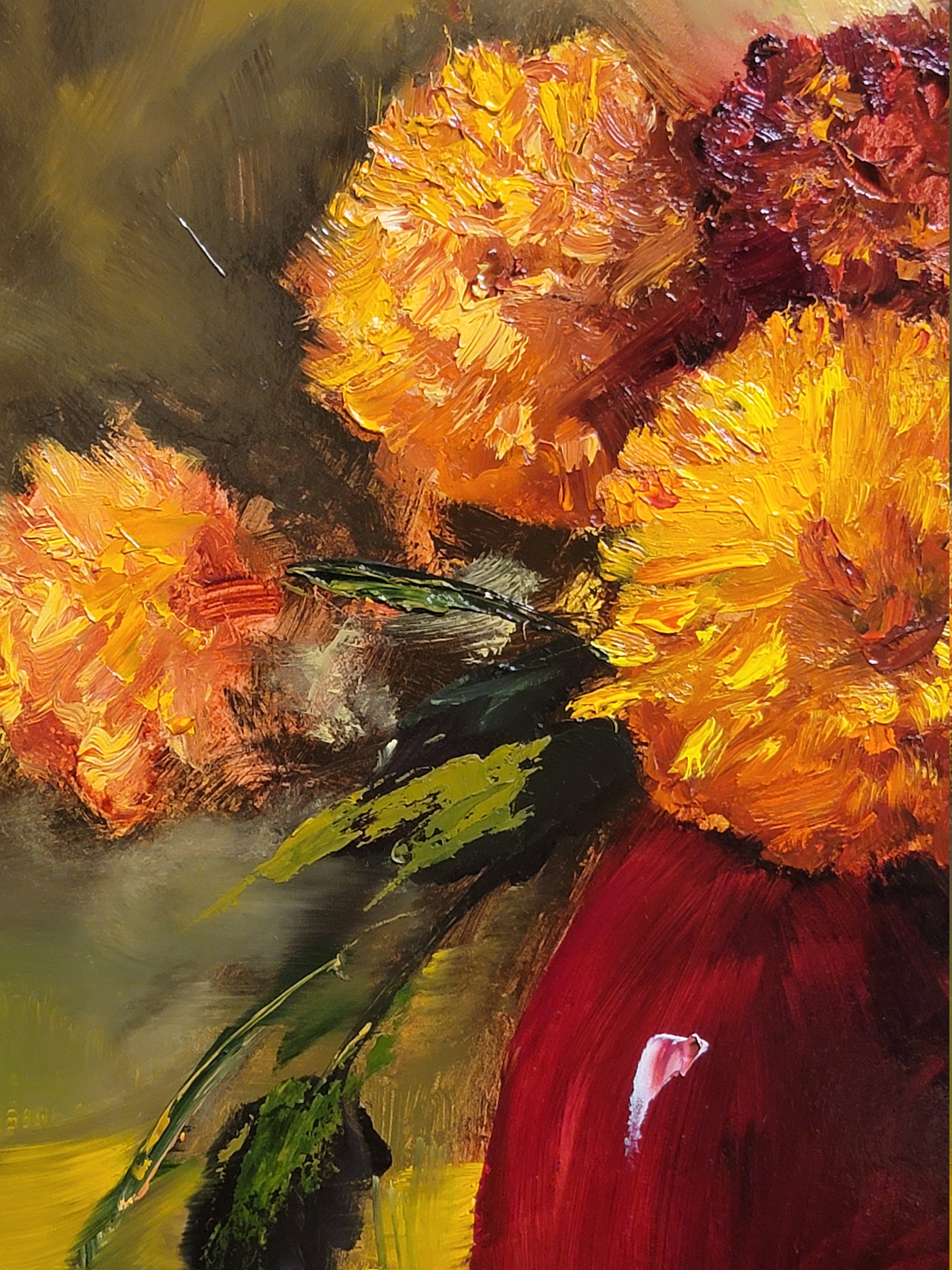 Orange Chrysanthemum Oil Painting: Floral Still Life, Fall Colors