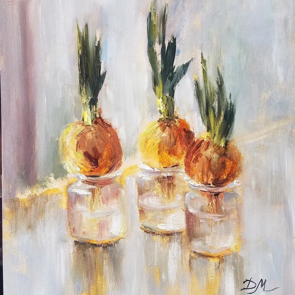 Original oil painting. "Onion shoots". Still life. Fine art. Collectible. Home decor. Wall art. Gift.