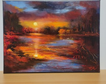 Sunset Lake Original Oil Painting: Hand-Painted Rich Color Landscape Art