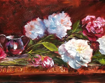White Pink Peonies Original Oil Painting, Floral Still Life, 12x24