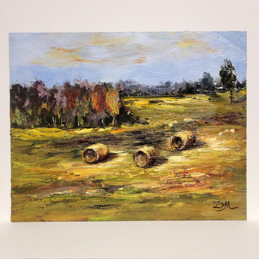 Original Haystacks Oil Painting Hand-painted Rustic Farm Landscape Wall ...