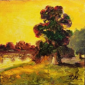 A Tree at Sunset Original oil painting. Small landscape painting. Art for Gift. Wall art. Wall decor painting.