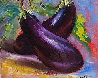Eggplant Oil Painting: Original Kitchen Still Life Art, 8x8