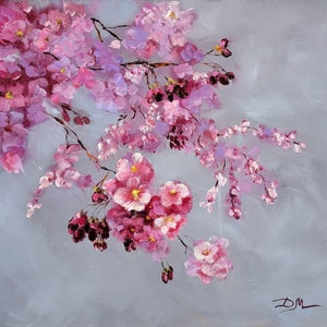 Cherry Blossom Original hand-painted oil painring. Pink blossom artwork. Cherry tree branch art. Cherry tree flowers. Collectible Fine art.