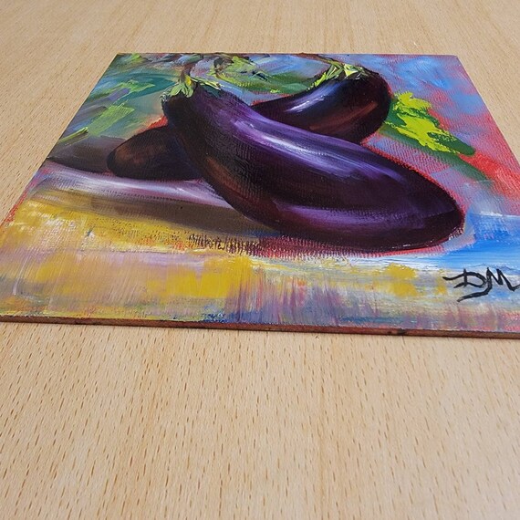 Eggplant Oil Painting: Original Kitchen Still Life Art, 8x8 - Etsy