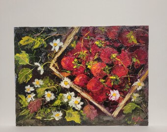 Original Strawberry Oil Painting: Kitchen Food Art, 9x12 in. Unframed