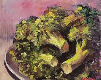 Broccoli Oil Painting: Original Kitchen Wall Art (6x6)