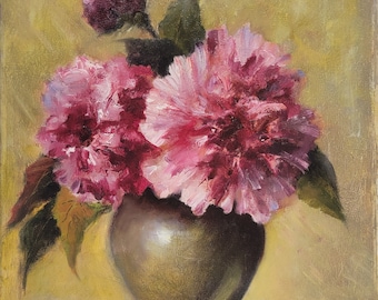 May include: A painting of a bouquet of pink flowers in a brown vase. The flowers are arranged in a loose, natural style, and the vase is simple and elegant. The background is a soft yellow.