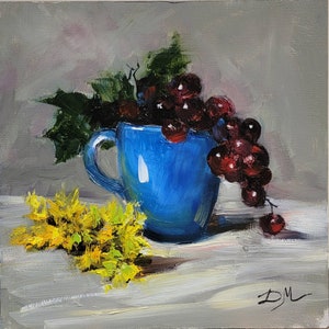 Grapes in a blue cup. Original oil painting. Still life.  Fine art. Collectible. Gift. Floral. Home decor. Wall art.