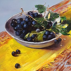 Grapes Still Life: Original Oil Painting on Panel, Kitchen Art